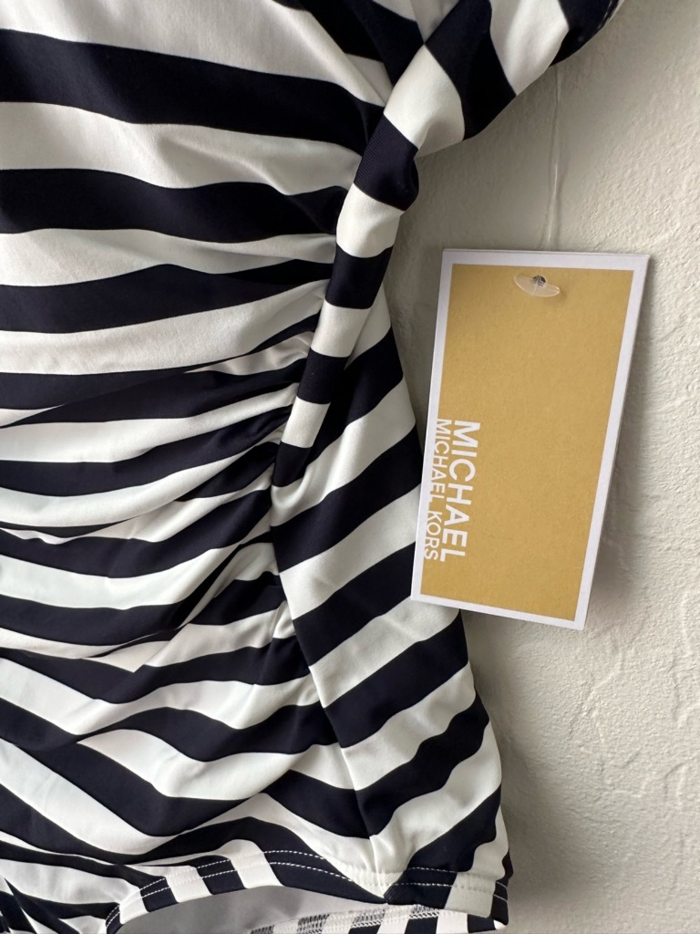 NWT Michael Kors Ruched Chain-Link One-Piece Swim - Navy/White Stripe Size 10 - Picture 4 of 9